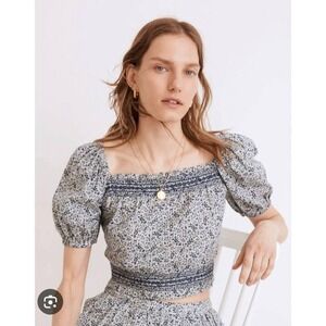 Madewell Jeanette Top Women's 2XS Blue Florentine Floral Puff Sleeve Cropped NWT